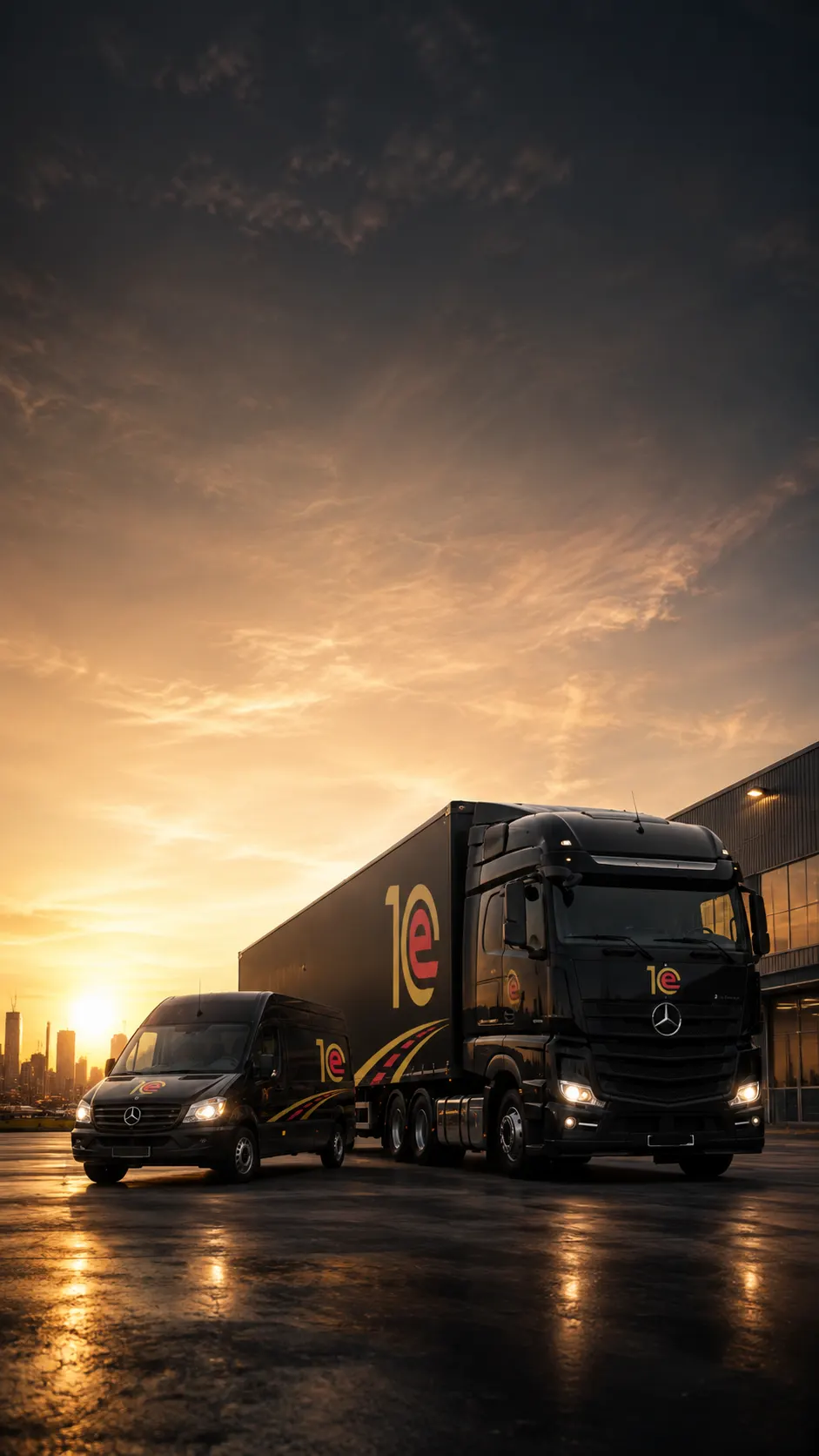 1st Class Express branded delivery van and prime mover parked together at the depot at sunset